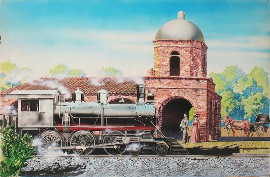 California Magazine: Illustration of the old train depot in San Juan Capistrano, for a feature on the history of transportation in Orange County